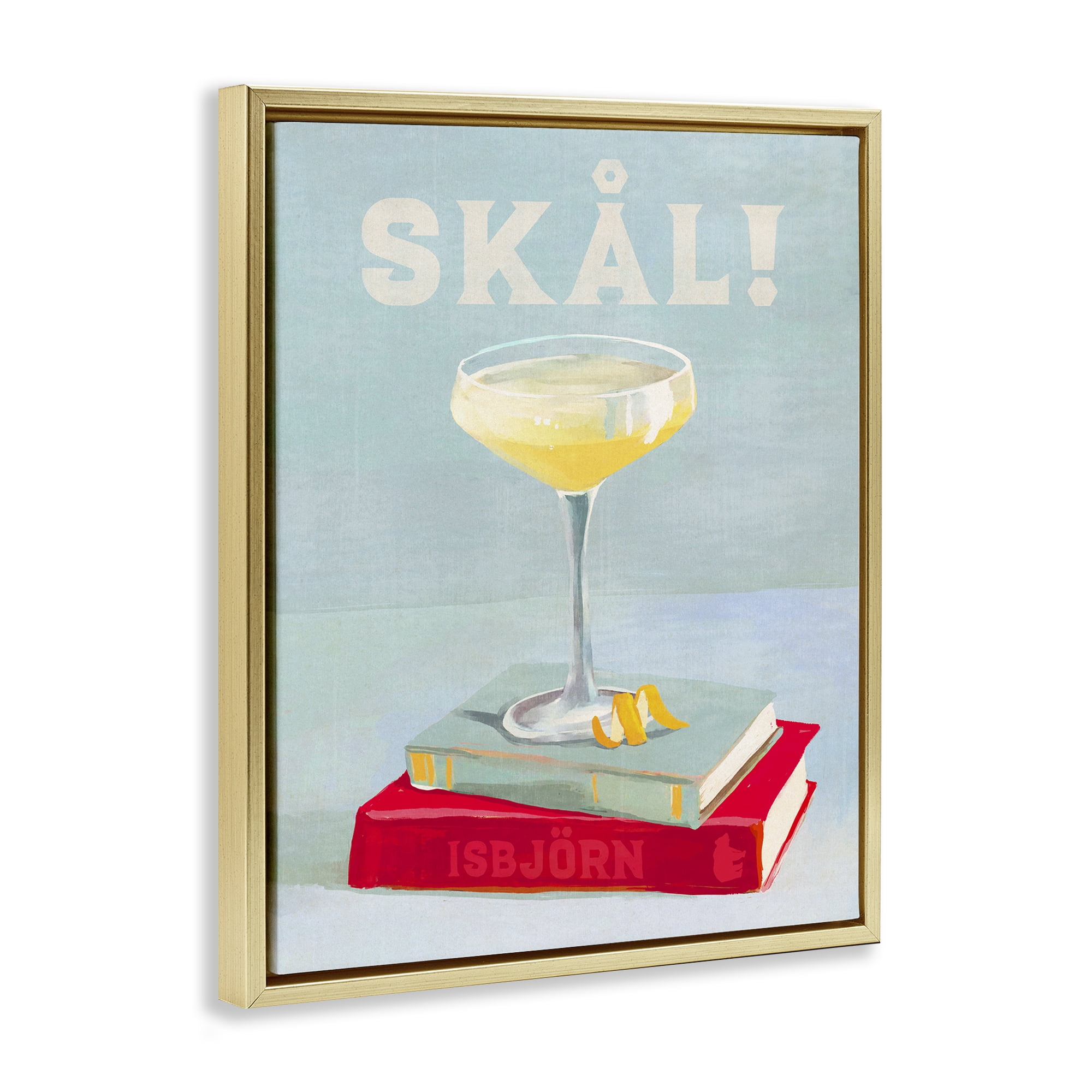 Stupell Industries Skal Cocktail & Bookstack Food & Beverage Painting Gold Floater Framed Canvas Art Print Wall Art, 25 x 31