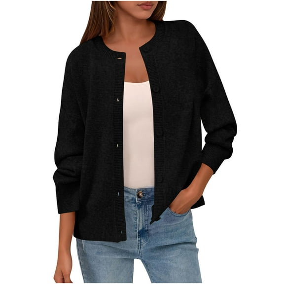 Enjoytime Light Jackets for Women Solid Color Long Sleeve Button Down Knit Cardigans Casual Trendy Outerwear Black Free Size