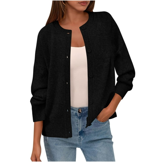 Gpaecead Cardigan Sweaters For Women Open Front Button Long Sleeve Blouse Shirt Knit Solid Coat