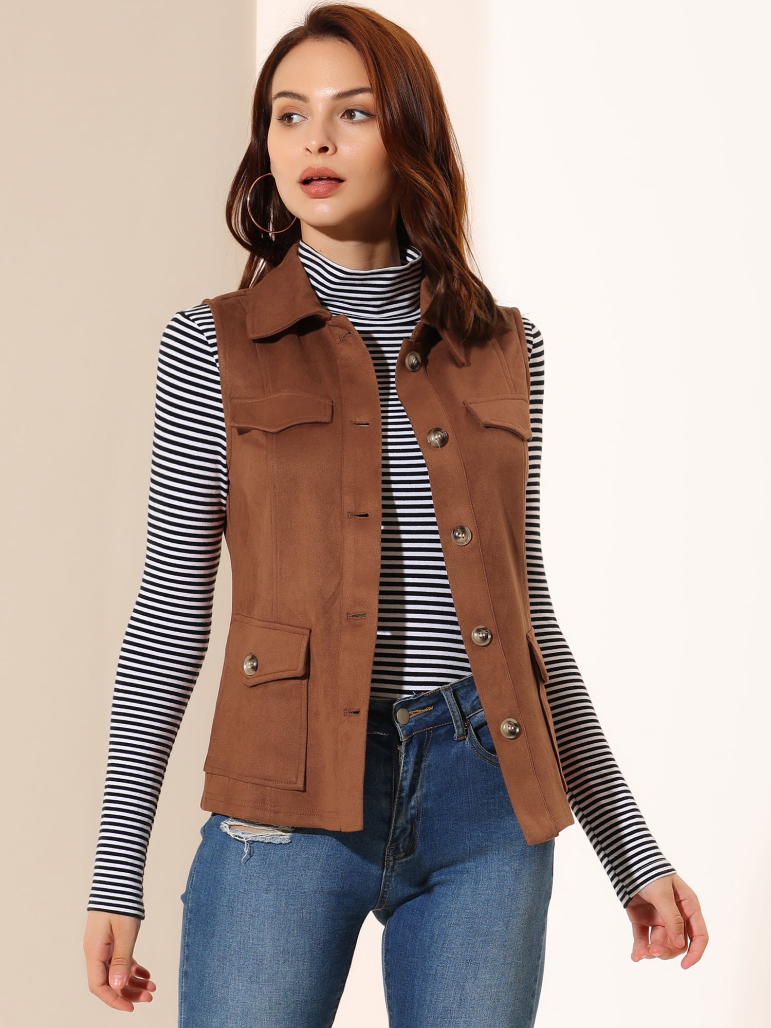 DARING DIVA Women's Rustic Button Up Utility Anorak Cargo Vest XS Brown