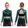 thumbnail image 5 of vastwit Sparkly Sequins Crop Top for Girls Long Sleeve Cutout Back Rhinestones Glitter Cheerleading Shirts Green 6, 5 of 7