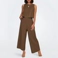 thumbnail image 2 of Women's Solid Color Linen 2 Piece Set Sleeveless Crop Top With Buttons And Wide Leg Pants Capri Pants For Women Petite, 2 of 8