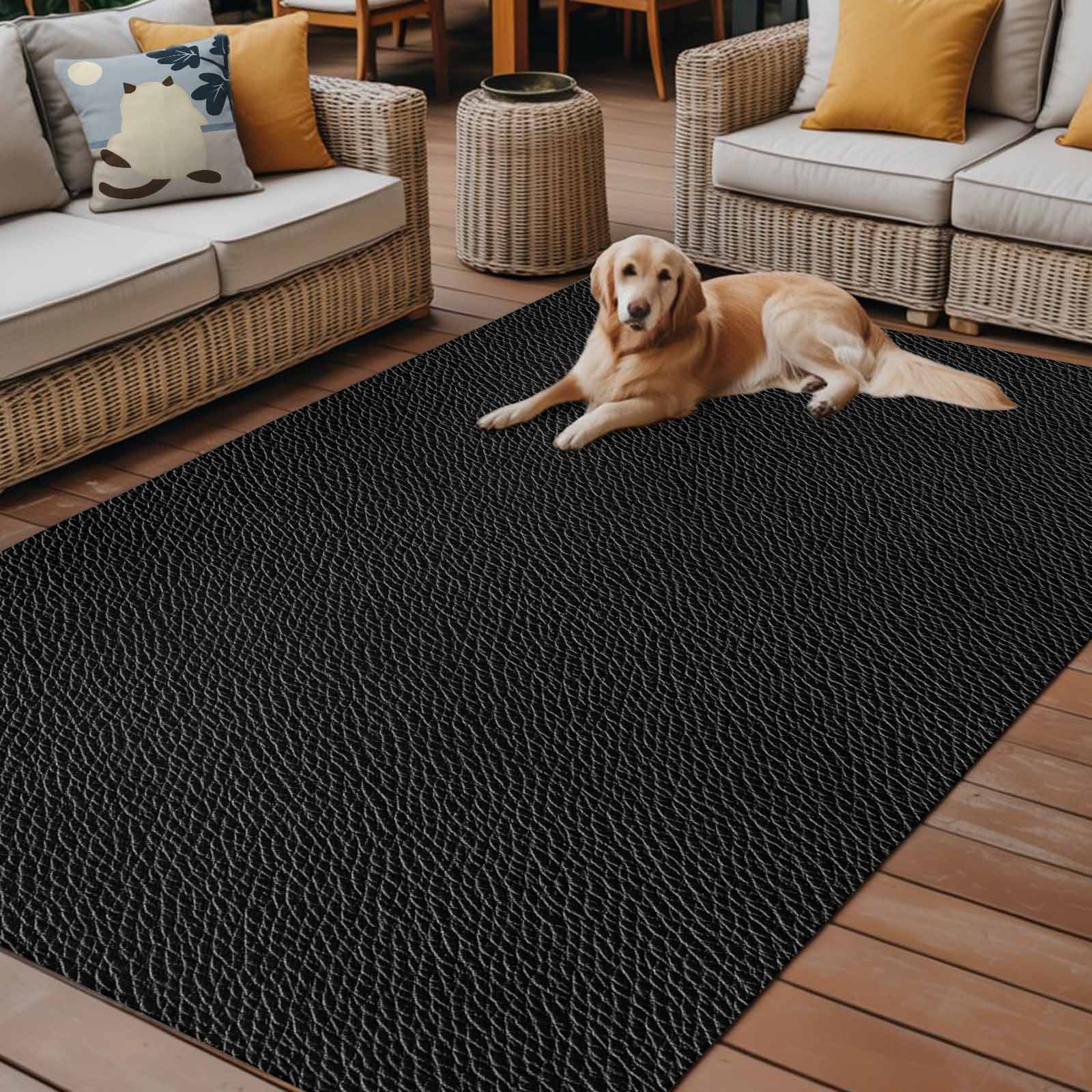 Fsddascl Solid Black Outdoor Rug for Patio/Deck/Porch, Non-Slip Large Area Rug 5 x 8 Ft, Retro Minimalism Abstract Denim Texture Indoor Outdoor Rugs Washable Area Rugs, Reversible Camping Rug Carpet