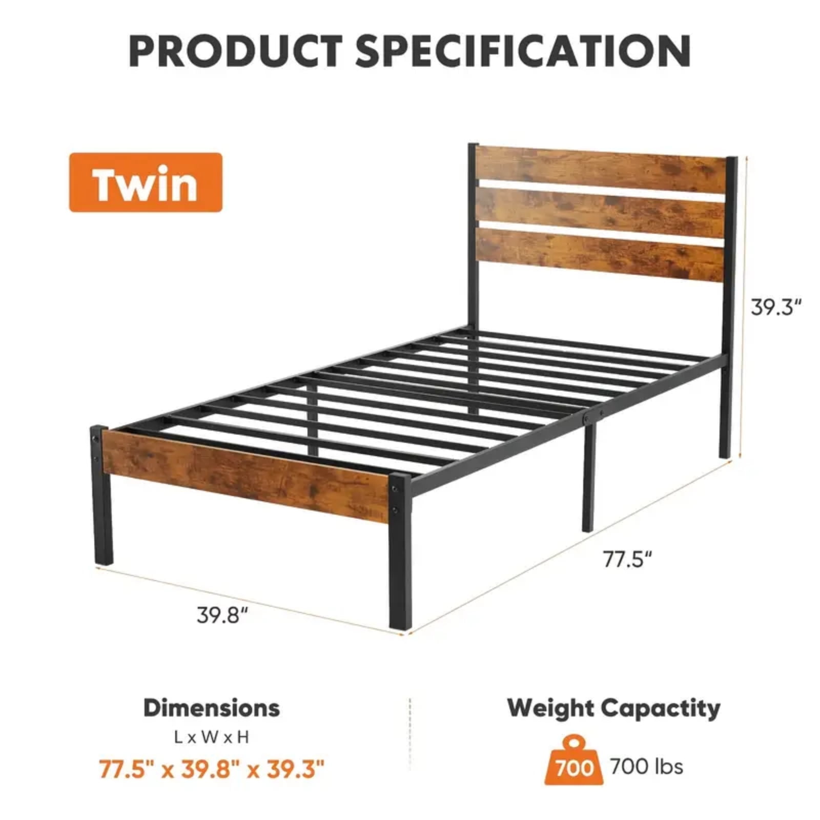 Gianna Twin Size Metal Platform Bed Frame with Headboard and and Footboard, No Box Spring Needed
