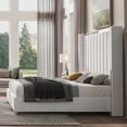 thumbnail image 3 of Merluxy King Size Bed Frame with 58" Tall Headboard, Velvet Upholstered Platform Bed with Channel Tufted Wingback Headboard and Plating Trim, Cream, 3 of 9
