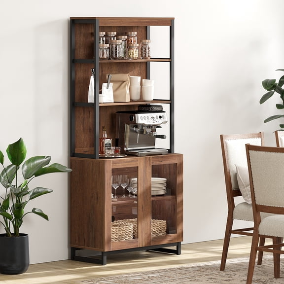 WAMPAT Modern 72" Tall Bookcase with Glass Doors and Adjustable Shelves, Library Book Shelf with Storage Cabinet and Open Book Shelfs, Wood Bookshelf for Home Office, Living Room, Brown