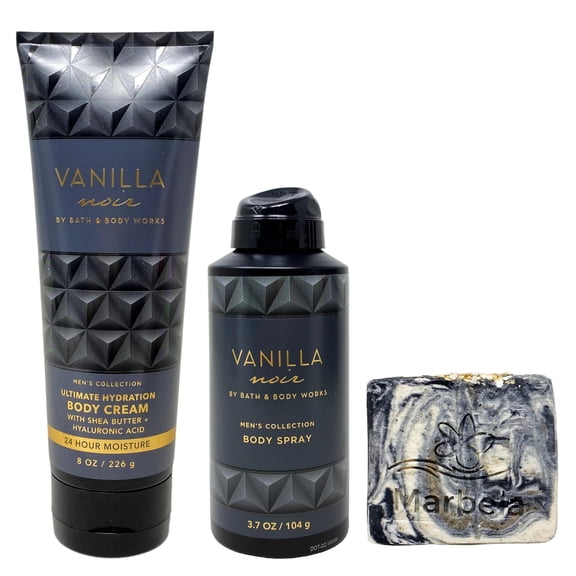 Bath & Body Works The Men's Collection Vanilla Noir Ultimate Hydration Body Cream and Body Spray with a Charcoal Scrub Bar Soap