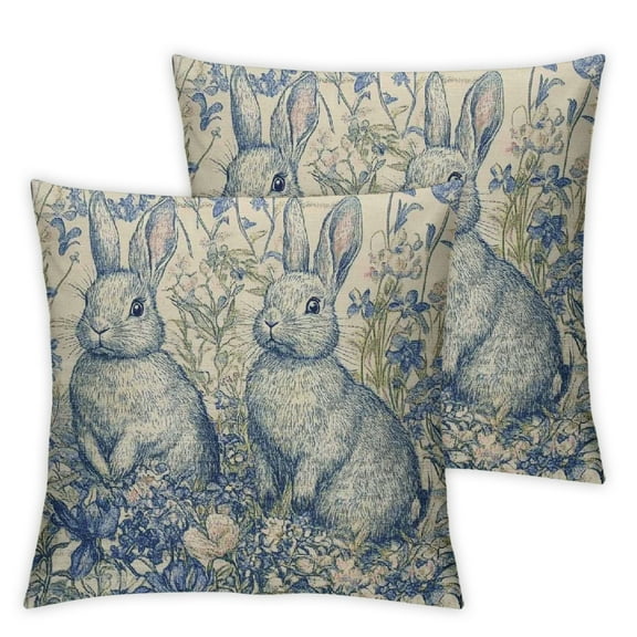 Easter Spring Blue Pillow Covers Set of 2, Vintage Flower Rabbit Bunny Floral Botanical Print Decorative Throw Pillow Covers Outdoor Farmhouse Seasonal Cushion Cases Couch Sofa Bed Decor