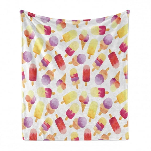 Ice Cream Soft Flannel Fleece Throw Blanket, Watercolor Style Ice Cream with Cones in Pastel Toned Paintbrush Artwork, Cozy Plush for Indoor and Outdoor Use, 50" x 70", Multicolor, by Ambesonne