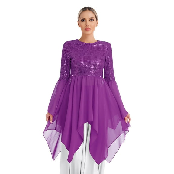 MSemis Women's Shiny Sequins Liturgical Praise Dance Dress Flared Sleeve Worship Costume with Maxi Purple S