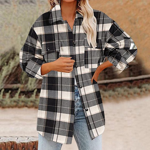 Puntoco Mujeres Casual A Cuadros Manga Larga Solapa Un Solo Botonadura Abrigo Tops Blusa Abrigo Liquidación Puntoco Puntoco-4608