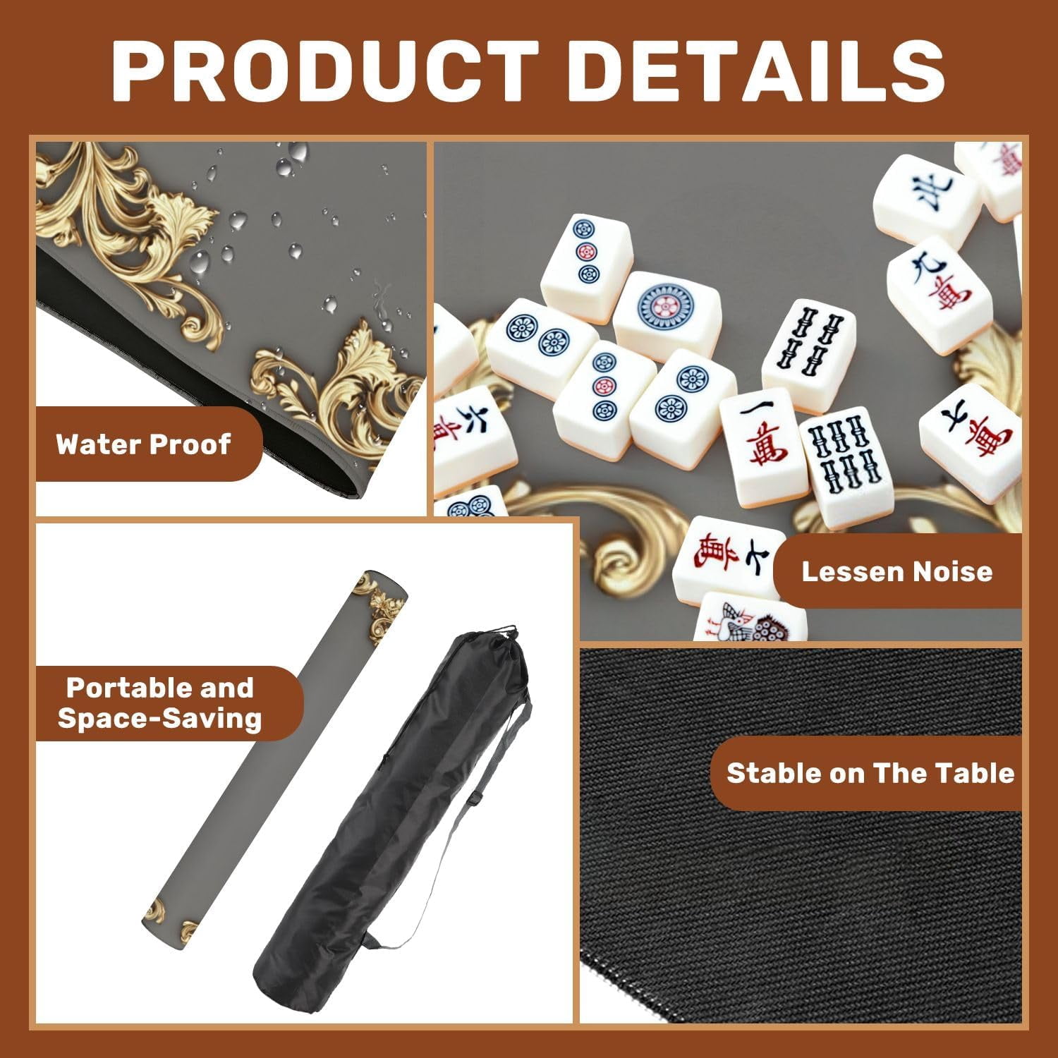 Mahjong Mat 31.5" x 31.5" Ornate Golden Baroque Frame Flourishes Decorative Swirls Non-Slip Noise Reduction Mahjong Tiles Table Cover for Dominoes Poker Card Board and Tile Games Gift
