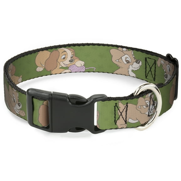 Disney Pet Collar, Dog Collar Plastic Buckle, Lady And Tramp 6 Poses Olive Green, 7 to 8.5 Inches 0.5 Inch Wide