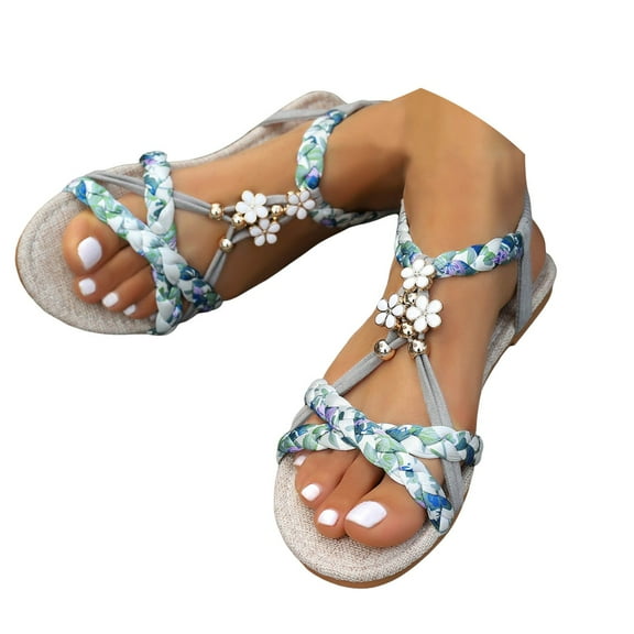 Mepaouo Dress Sandals for Women T-Strap Rhinestone Beaded Gladiator Flats Summer Beach Walking Shoes