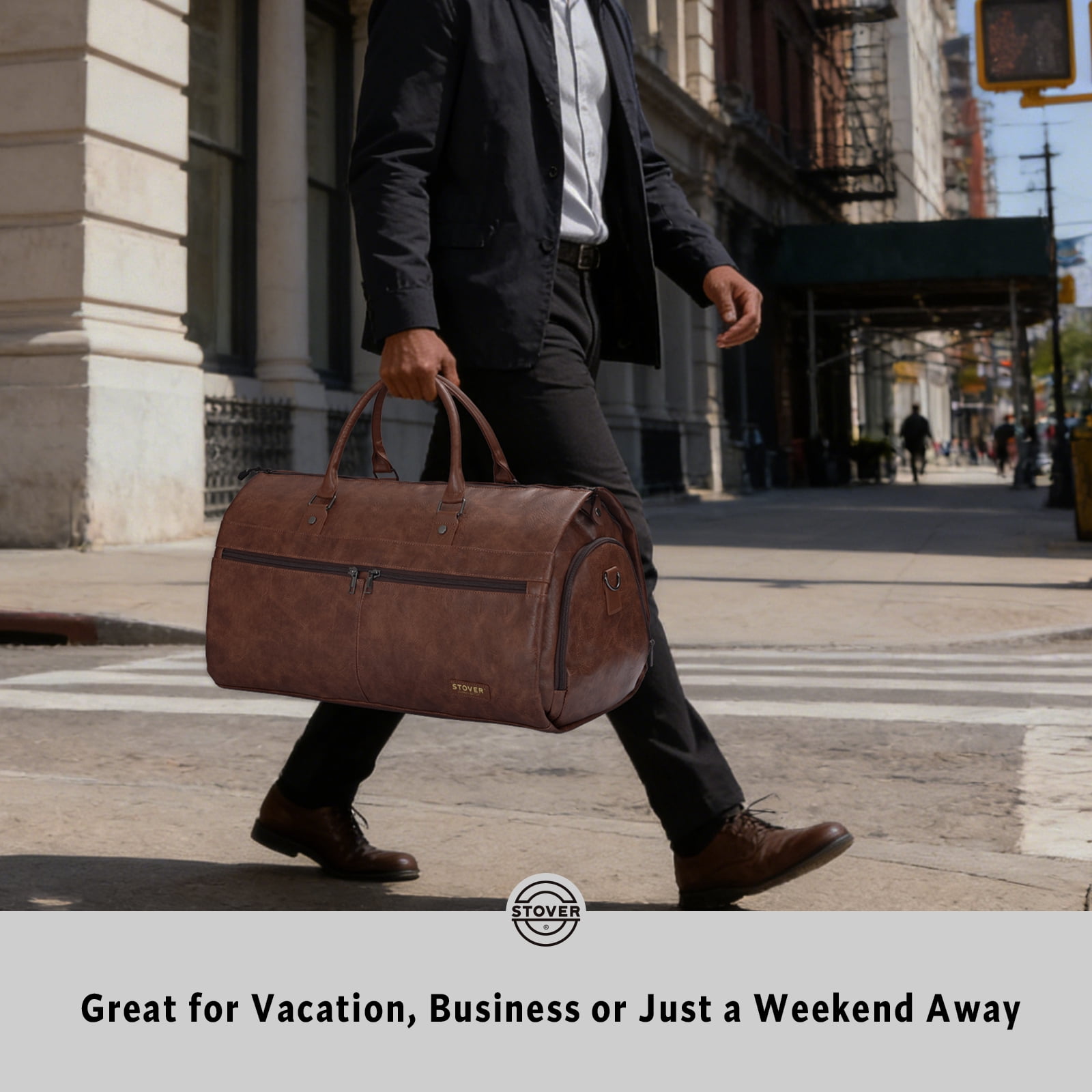 STOVER Garment Travel Duffle Bag, Large 2-in-1 Convertible Carry-on Luggage (Brown Leatherette)