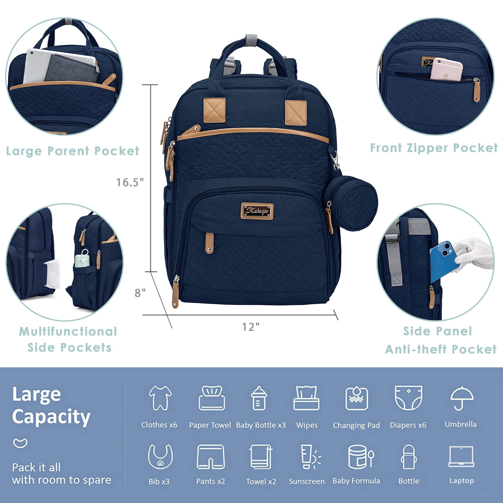Kabaqoo Diaper Bag Backpack Waterproof, Multifunction Baby Bag with Changing Pad, Blue