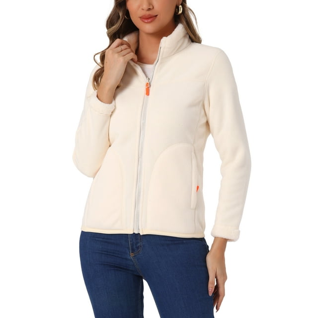 Chaqueta de forro polar con cremallera completa INSPIRE CHIC para mujer, abrigo de invierno de manga larga y cuello alto, XL, blanco