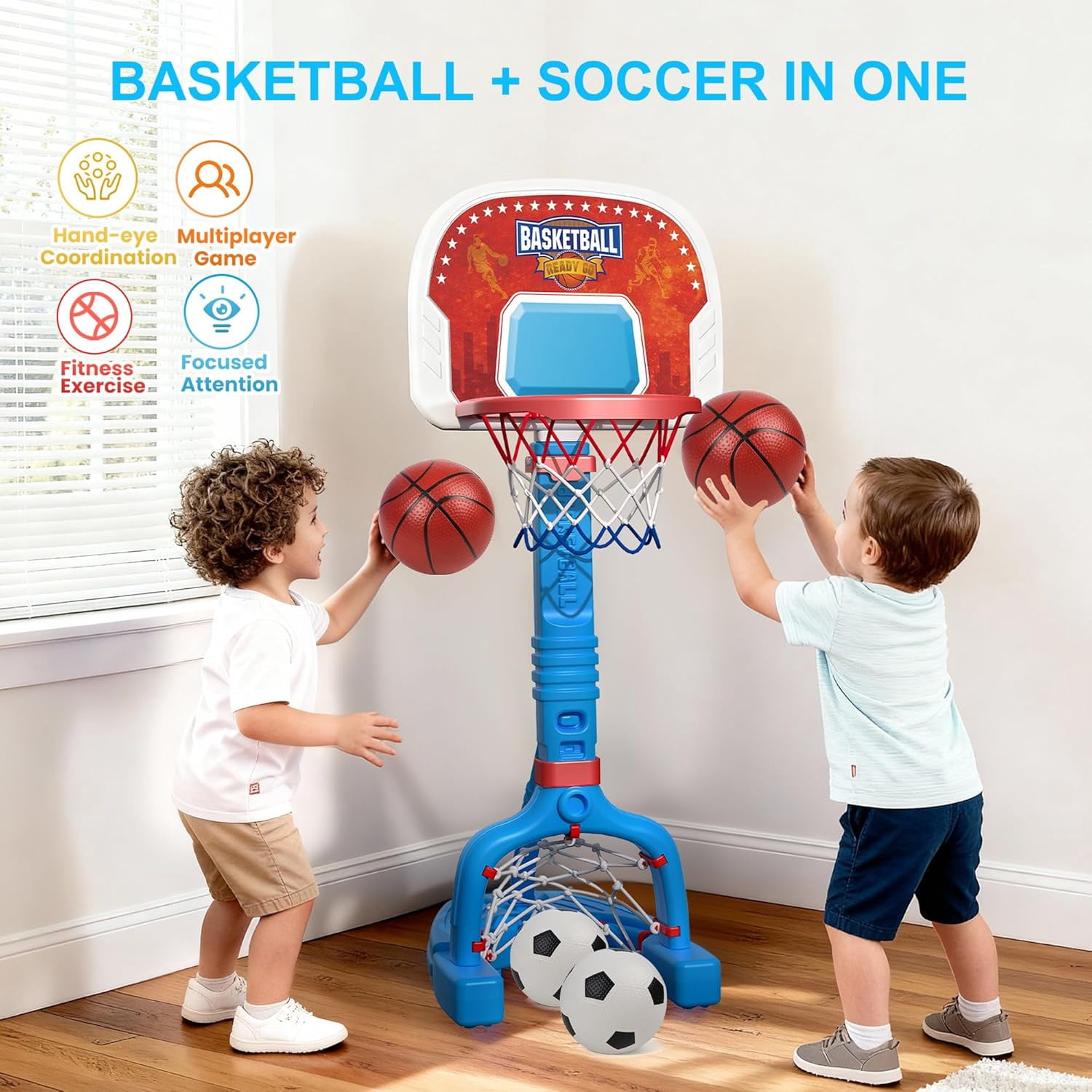 Toddler Basketball Hoop Indoor, Adjustable Kids Basketball Hoop and Soccer Goal for Ages 1-3 3-5, Portable Mini Basketball Hoop Set with 4 Balls for Boys Girls Child Indoor Outdoor Poolside