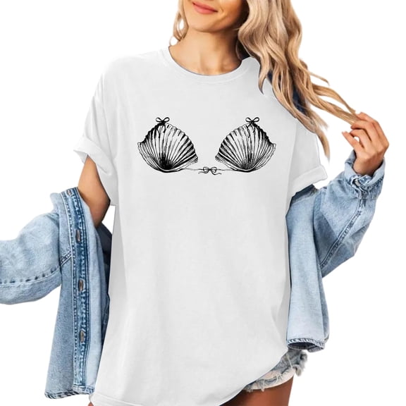 Wang6 Womens Plus Size Short Sleeve Tshirts Casual Seashell Printed Graphic Tees Summer Crew Neck Loose Fit Tops White XL