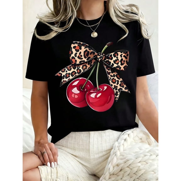 Women Round Neck T Shirt Cherry Leopard Bow Print Casual Summer Wear For Everyday And Holiday