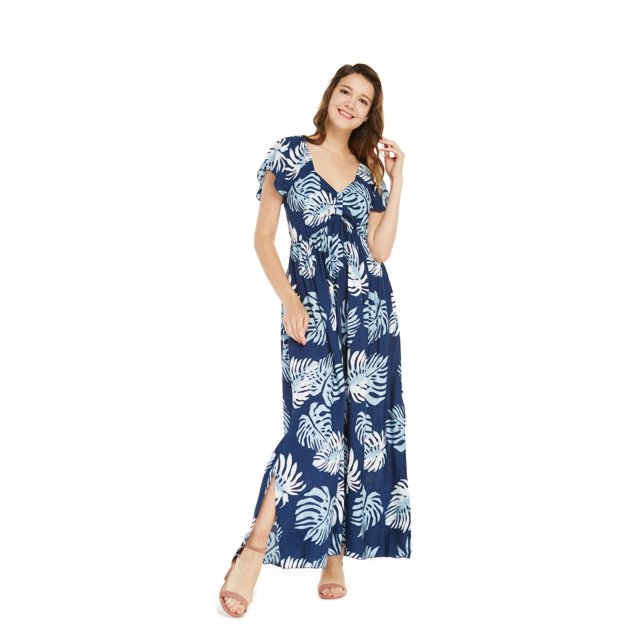 Women's Hawaiian Maxi Ruffle Sleeve Dress in Palm Leaves Navy