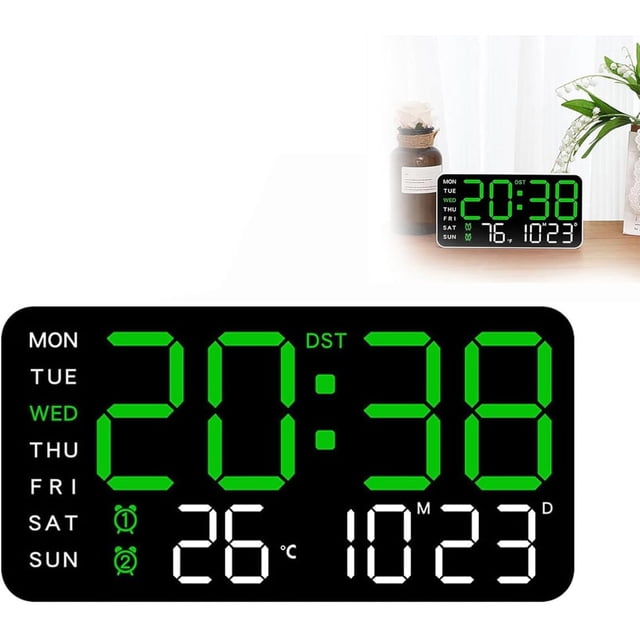 Multifunctional Decorative LED Digital Wall Clock, Large Digital Wall Mount Clock, Modern LED Digital Wall Clocks with Indoor Temp, Date, Time, Alarm, Brightness Adjustable, for Home Office (1PCS*A)