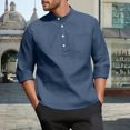 thumbnail image 2 of WTOBBY Men's 3/4 Sleeve Shirt Stand Collar Casual Loose Fit Pocket Breathable Solid Color Summer Resort Wear Button Front Lightweight Travel Top,Navy S, 2 of 4