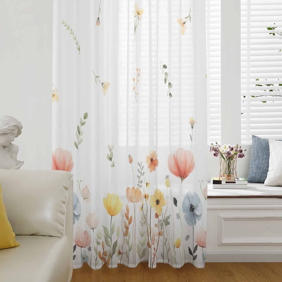 Spring Wildflowers Sheer Curtains 72 Inches Long for Living Room/Bedroom, Watercolor Rustic Flowers Floral Leaves Rod Pocket Voile Kitchen Curtains & Drapes Window Treatment 1 Panel, 52"W x 72"L