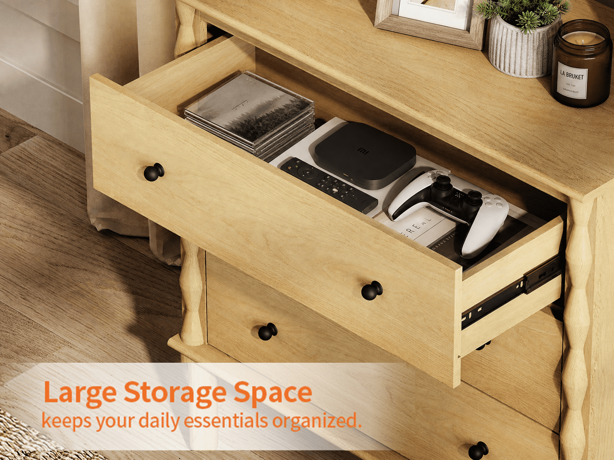 WAMPAT Modern TV Stand for 65" TV, Console Table with Solid Wood Legs for Living Room，Oak