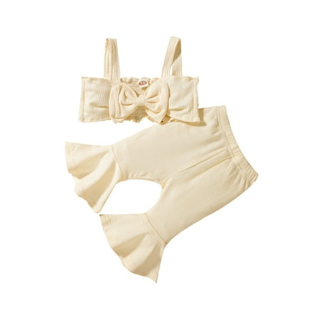 

aturustex Infant Baby Girl 2Pcs Sets Solid Color Pitted Bow Camisole Elastic Flared Trousers Summer Outfits