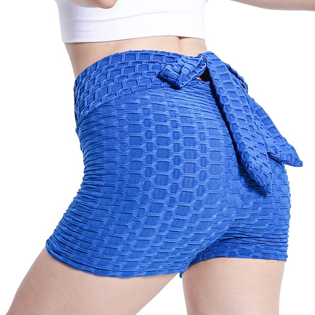 Gibobby Leggings cortos yoga mujer Ladies New Summer Honeycomb Fabric Bow Tie Belt Peach Hip Tight Waist High Hip Movement Yoga Shorts(Azul,G)