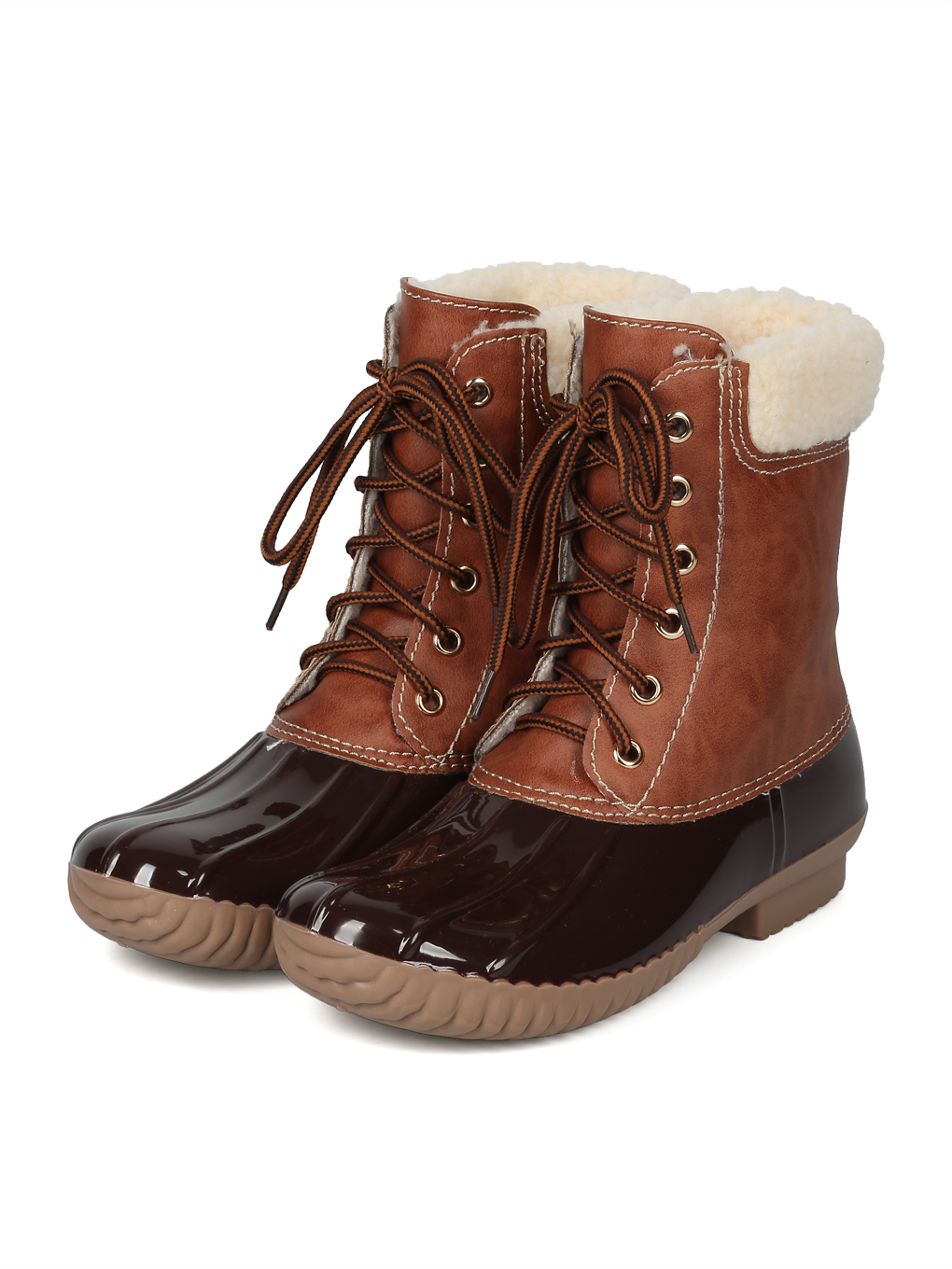 New Women Two Tone Faux Shearling Lined Lace Up Duck Boot - 17990 By Yoki - image 5 of 6