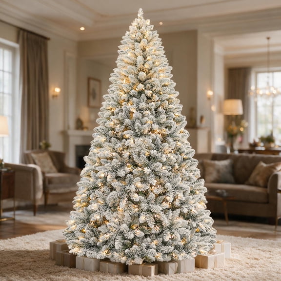 VIVATREES 6ft Pre-lit Flocked Artificial Christmas Tree 1032 Dense Hinged Branch Tips Spruce w/ 250 Warm White LED Lights Foldable Base Holiday Decor