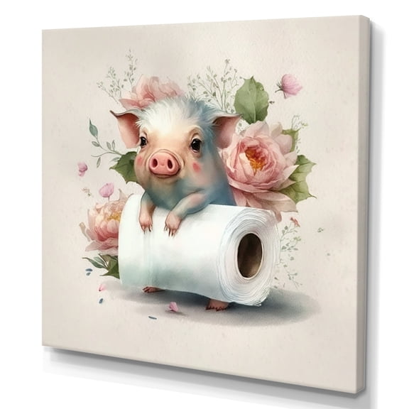 Designart Pig With Roll Of Toilet Paper And Flowers I Canvas Wall Art