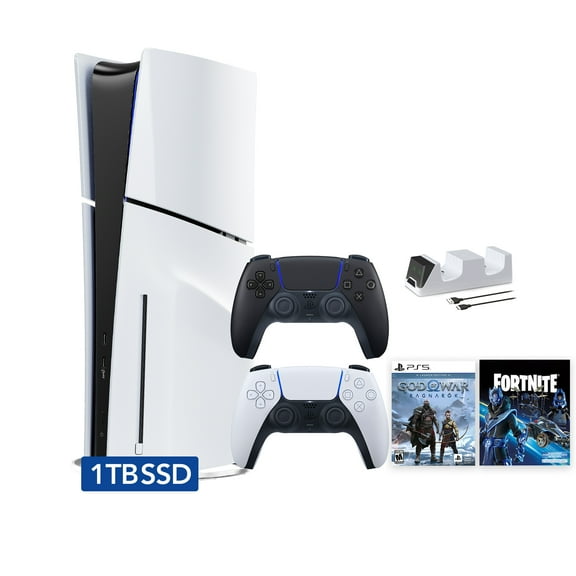 PlayStation 5 Slim Disc 1TB SSD Fortnite Cobalt Star Bundle God of War Bundle with Two Controllers, White and Midnight Black DualSense and Mytrix Dual Controller Charger - PS5 Slim Disc Edition