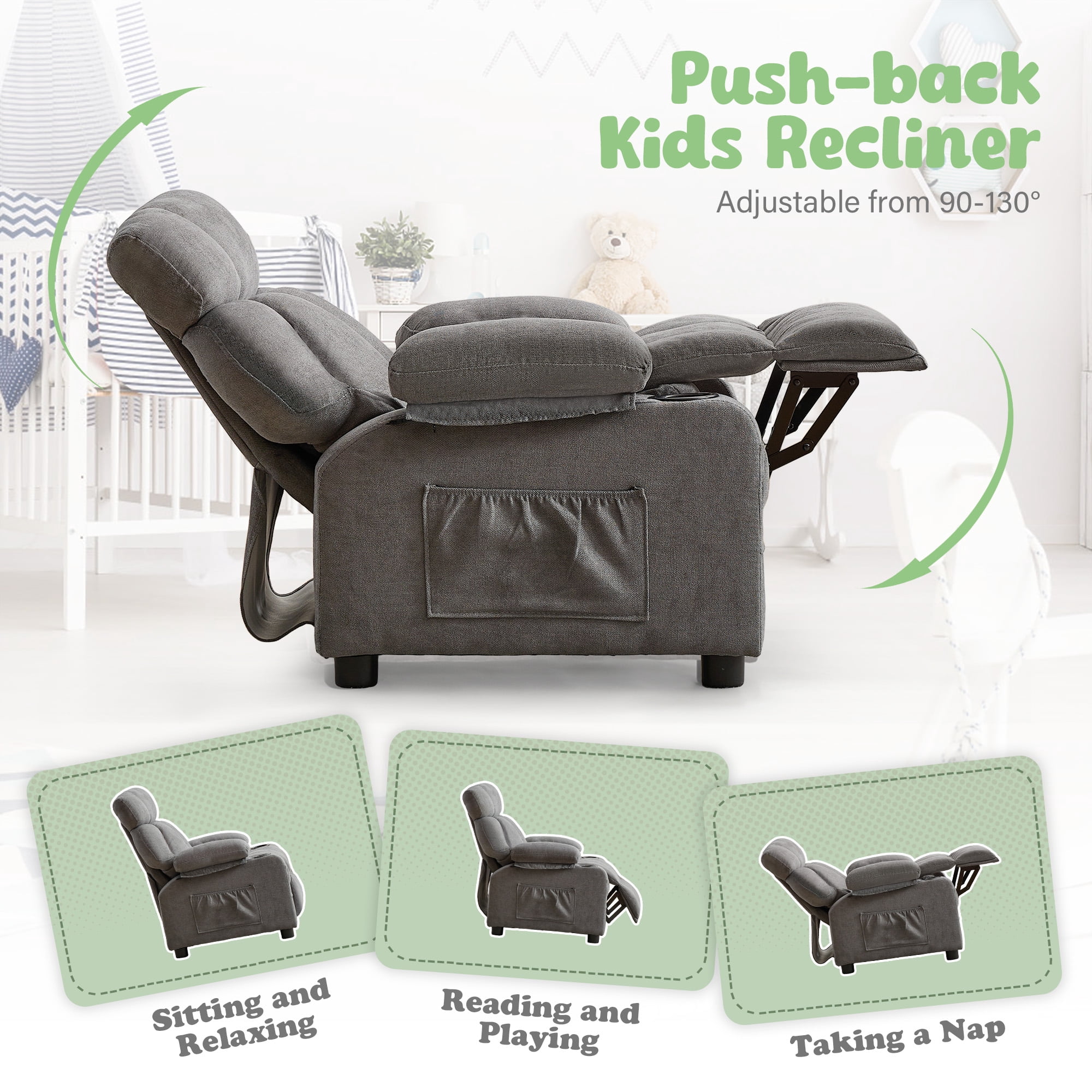 JONPONY Kids Recliner Chair,Push Back Toddler Recliner with Cup Holders & Side Pockets,Adjustable Footrest & Headrest Kids Sofa for Boys Girls 3+ Age Group, Grey