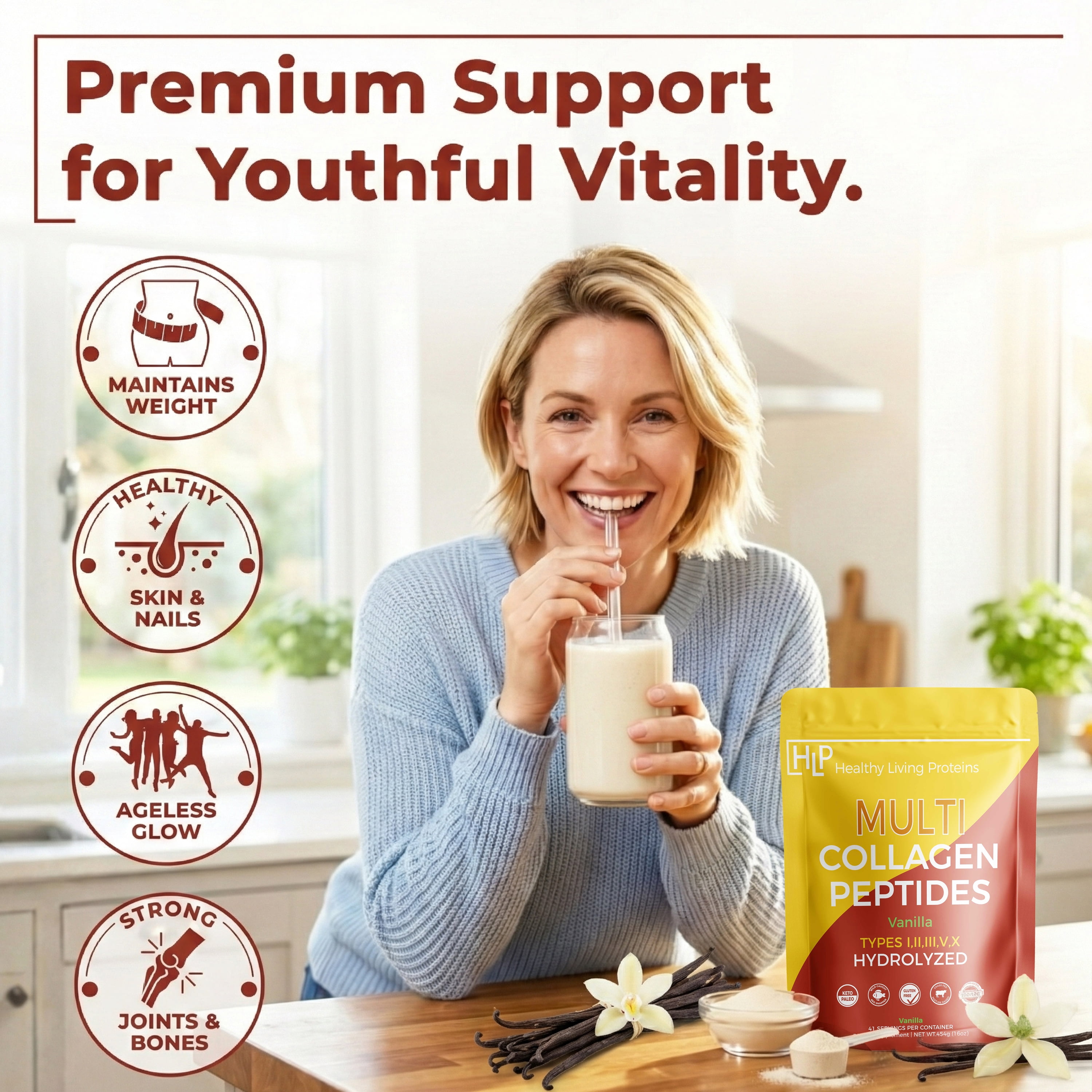 Healthy Living Proteins Multi Collagen Peptides Powder, Vanilla, 1lb