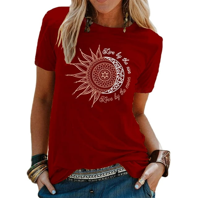 LUXUR T-shirt pour Femmes à Manches Courtes, Haut à Imprimé Tournesol, Tunique Ample, T-shirt à Col Rond, Bordeaux L