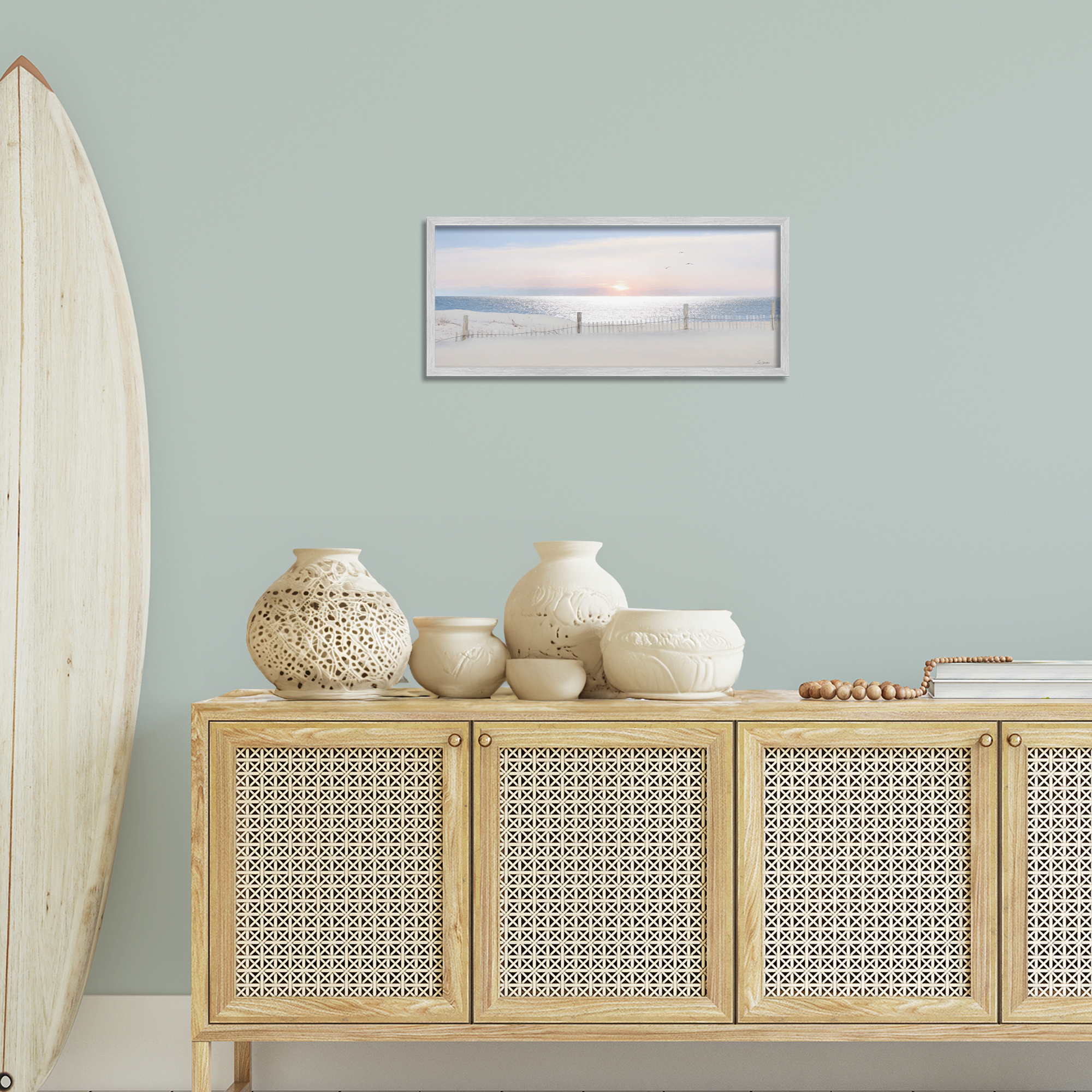 Stupell Industries Fence Along Shore Landscape Photography Gray Framed Art Print Wall Art, 24 x 10