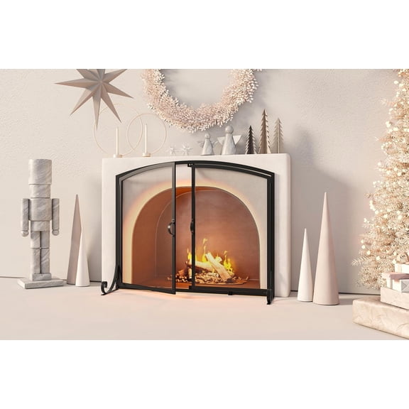 Fireplace Screen with Doors, 35" W x 28" H, Heavy Duty Solid Steel Frame, Wrought Iron Spark Guard, Baby Proof Fireplace Gate, Decorative Black Safety Screen for Wood Stoves and Fireplaces