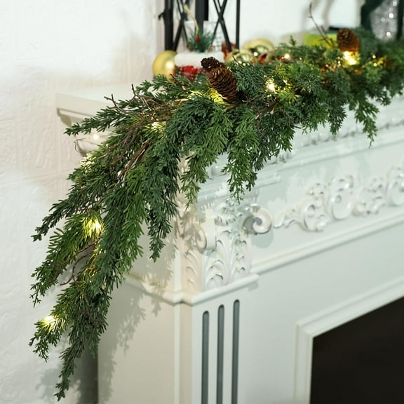 6ft Christmas Garland with LED Lights, Artificial Cedar Cypress Garlandm, with Pine Cones Garland for Home Fireplace Wall Indoor Outdoor Holiday Party Christmas Decoration