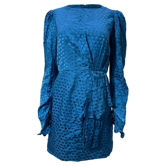Pre-Owned Saloni Debbie Patterned Mini Ribbon Detail Dress in Blue Silk