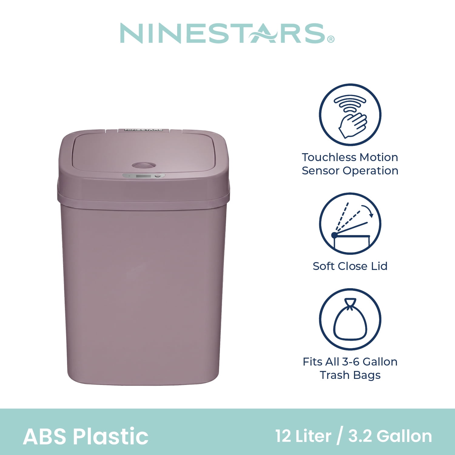 Nine Stars Automatic Bathroom Trash Can, 3.2 Gallon Plastic, Motion Sensor Waste Bin with Soft Close Lid, Hazy Purple