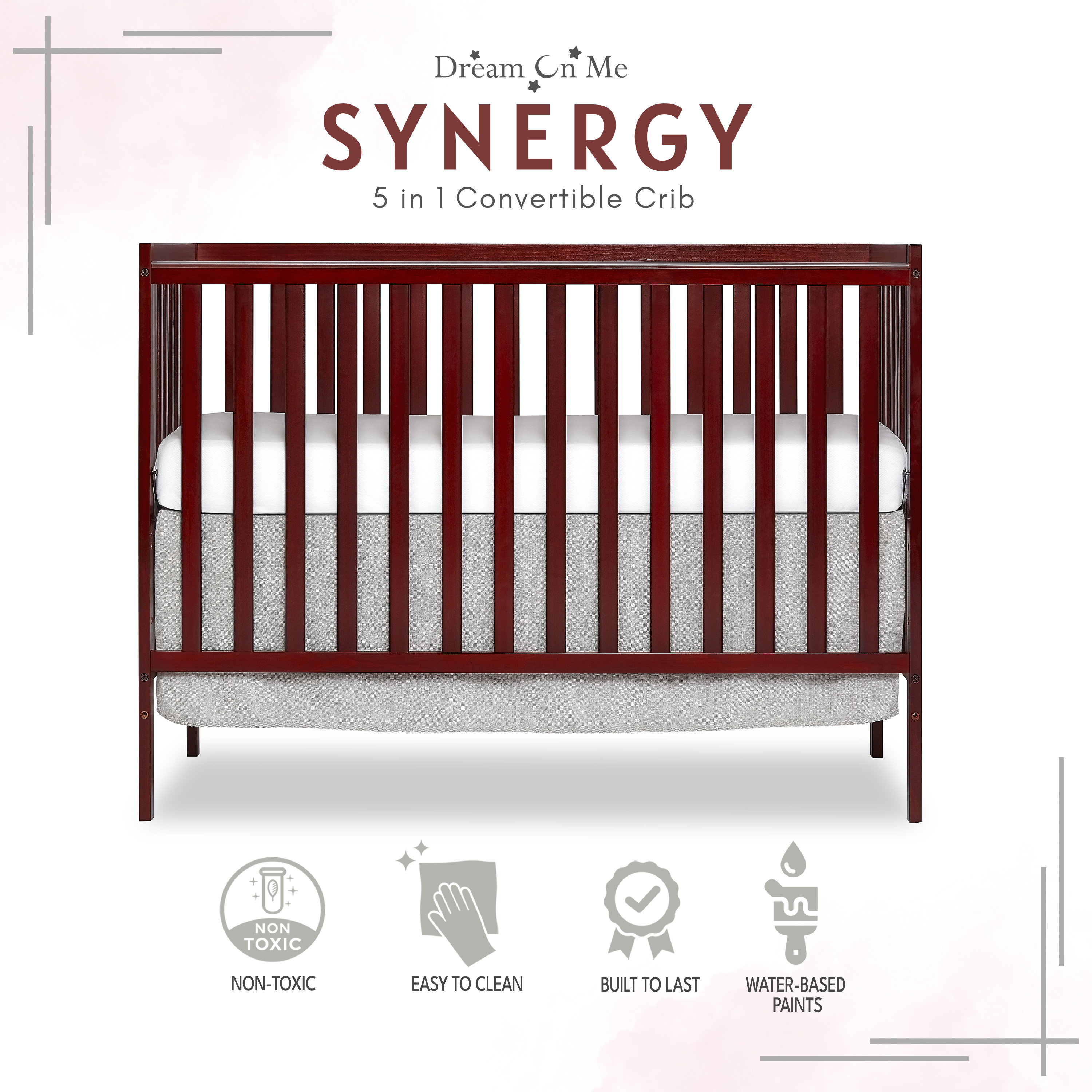 Dream On Me Synergy 5-in-1 Convertible Crib in Cherry, Greenguard Gold Certified - image 2 of 12