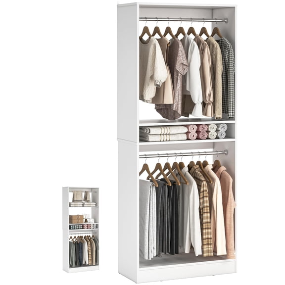 Closet System Organizer, Freestanding Wood Closet Tower With Hanging Rods, Multi Tier Storage Shelves, Heavy Duty Garment Rack, Modern Clothes Wardrobe Storage Unit For Bedroom, White, One Set