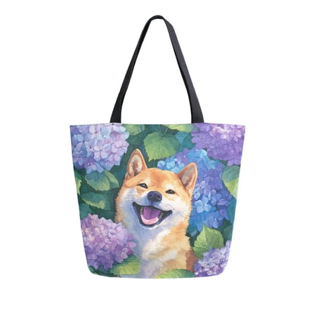Large Opening Canvas Tote Bag Thickened Durable Shopping Bag Casual Commuter Handbag Lightweight Reusable Daily Bag Soft Pastel Floral Shiba Print