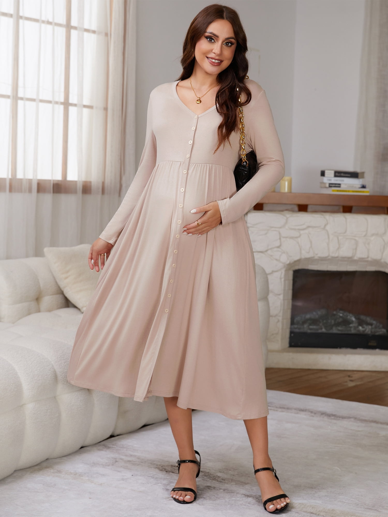 DARING DIVA Women's Soft A-line Maternity Dresses Long Sleeve Maxi Dress 2XL Khaki