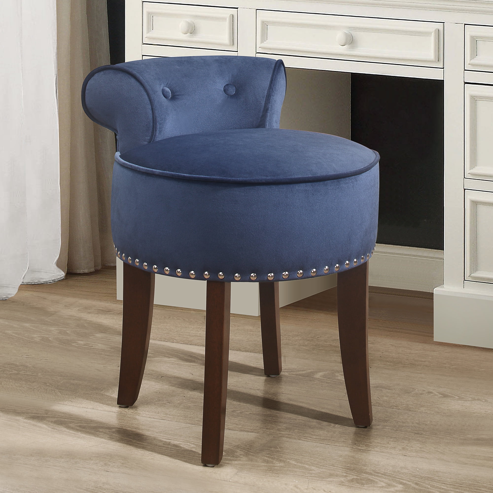 Hillsdale Furniture Lena Wood and Upholstered Vanity Stool, Blue Velvet