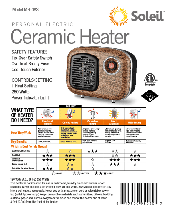 Soleil Personal Electric Ceramic HEATER Small Space Portable Woo Year