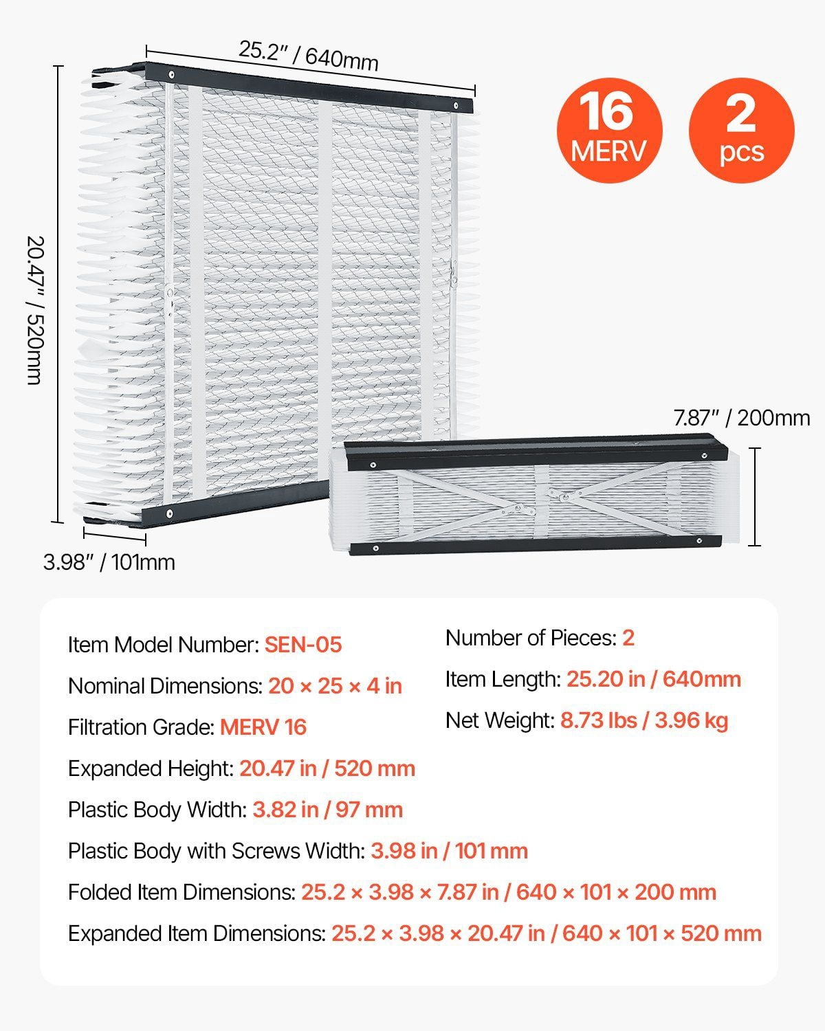 20x25x4 Electrostatic Pleated Air Filter MERV 16 – HVAC Furnace Filter, 2-Pack